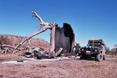 Four-wheel-drive vehicle beside a large weathered tree trunk in a dry landscape